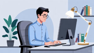 אדם יושב מול מחשב ועובד