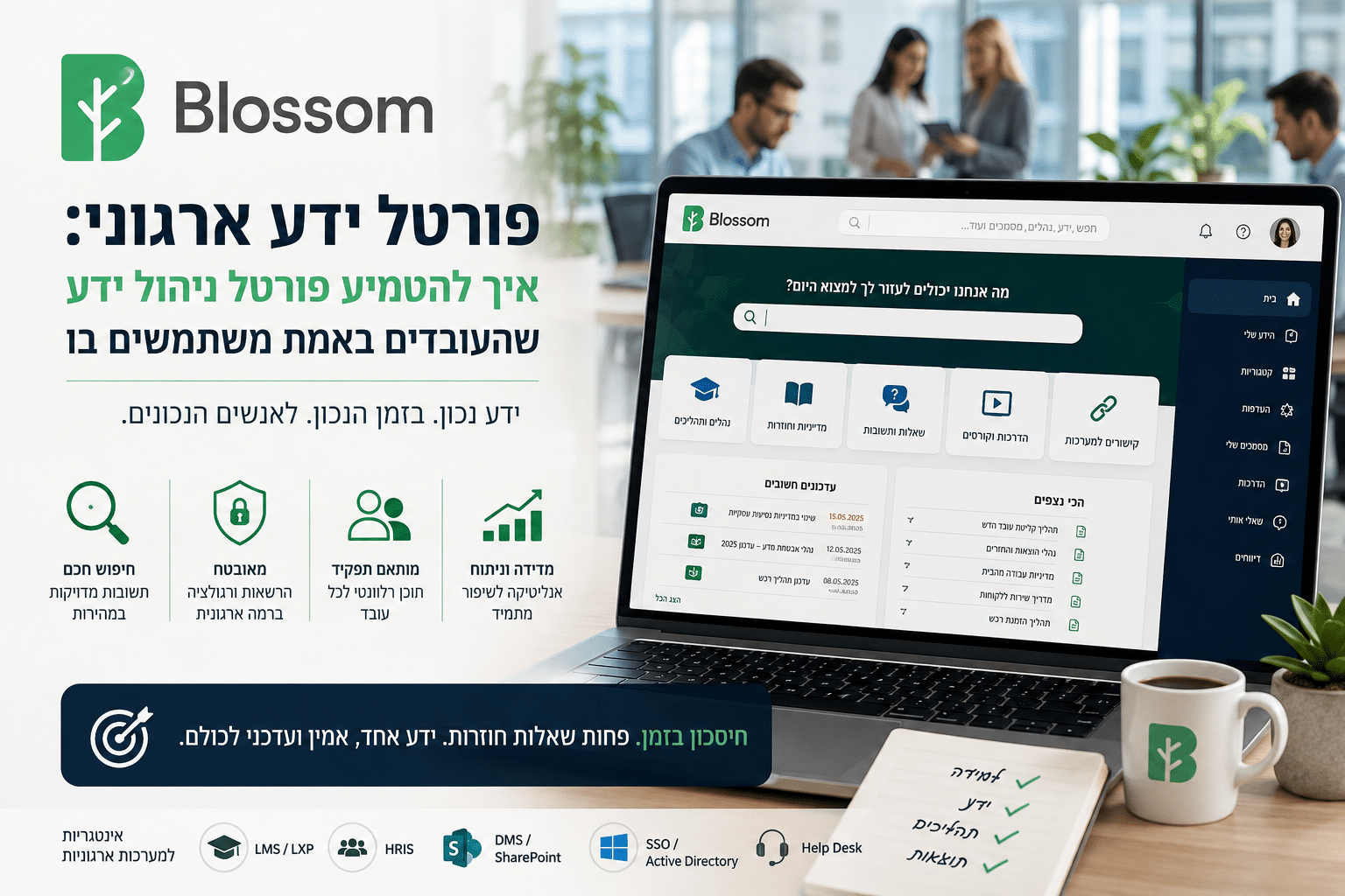 פורטל ידע ארגוני: מסך פורטל ניהול ידע עם חיפוש חכם וניווט לפי תפקיד - Blossom
