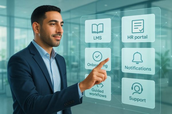 איש עסקים מצביע על ממשק דיגיטלי של LMS, פורטל HR, onboarding, התראות ותהליכים מודרכים